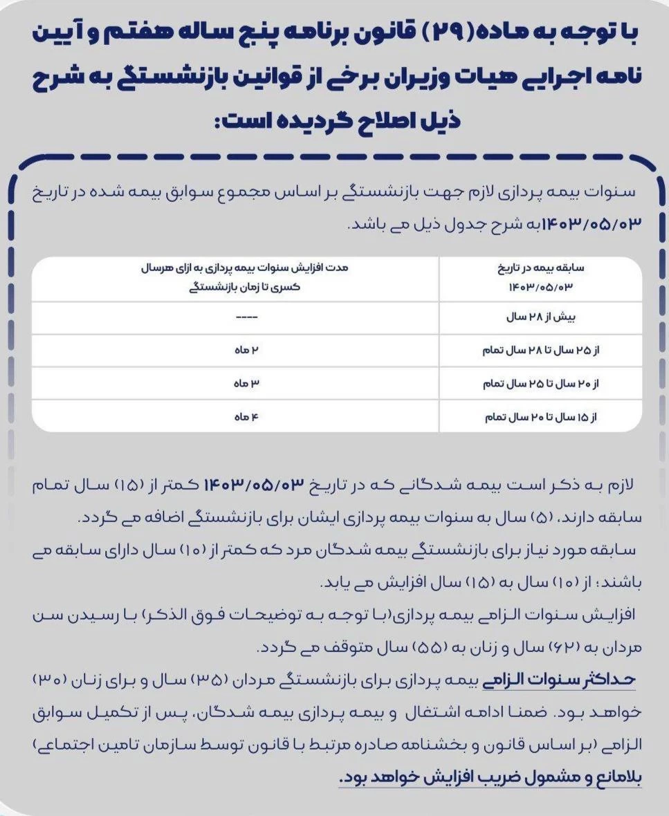 ✍️ اصلاح قانون بازنشستگی بر اساس ماده ۲۹ برنامه پنج‌ساله هفتم